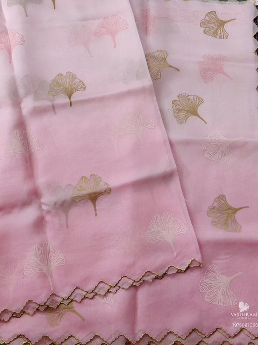 Baby Pink Colour Oraganza Silk Saree With Hand Block Print All Over Code :VB0462