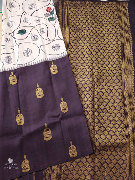 Cream & Snuff Colour Half/Half Kanchivaram Silk Saree With Penkalamkari All Over Code : KA0396