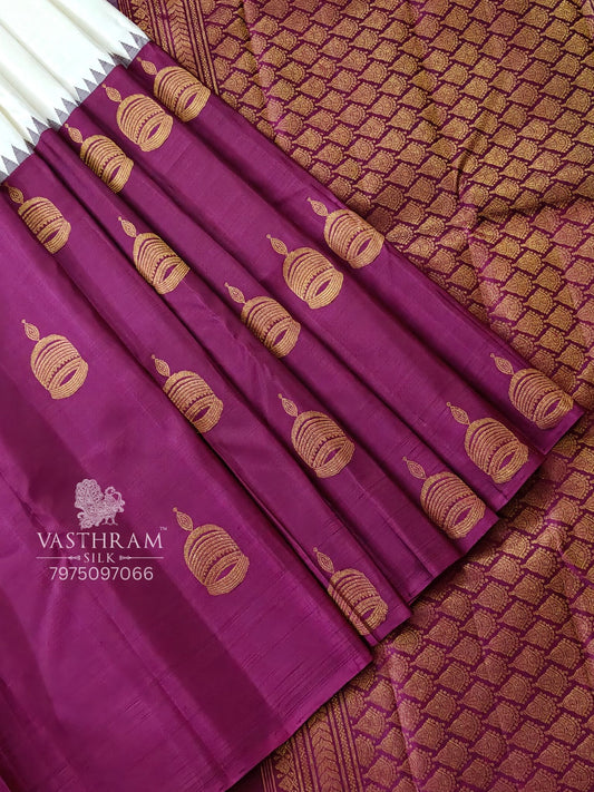 White & Magenta Colour Half/Half Kancivaram Silk Saree With Plain Body Code : KA0406