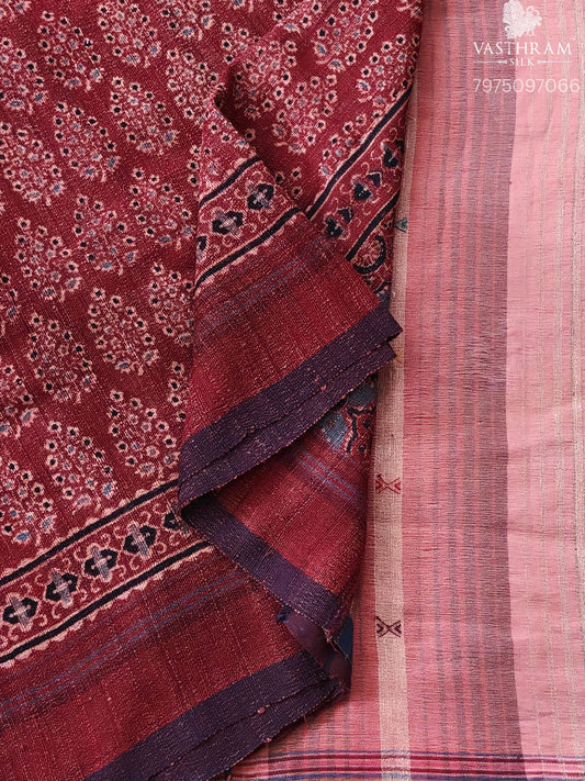 Maroon Colour Tussar Bhujodi Saree With Ajrakh Print All Over Code : VB0519
