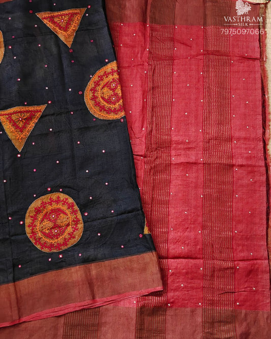 Black Colour Tussar Silk Saree With Kutch Cutdana Work All Over Code : KT023