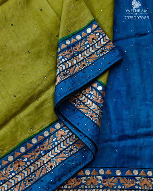Mehandi Green Colour Tussar Silk Saree With Zero Zari Mirror Work All Over Code : KT023