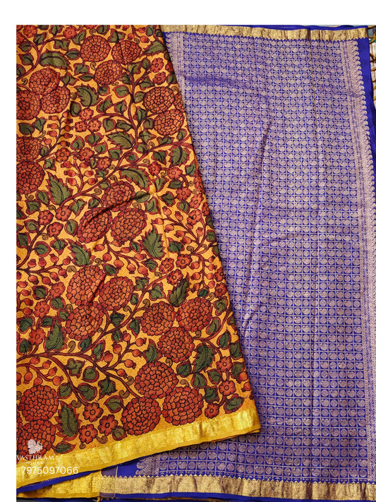 Orange Colour Partly Kanchivaram Silk Saree With Pen Kalamkari Work All Over Code : KA0398