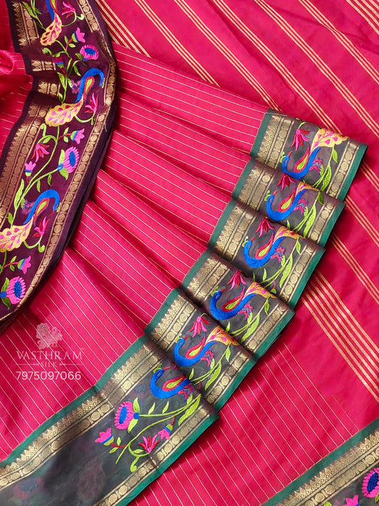 Pinkish Red Colour Cotton Saree With Zari Strips All Over Code : PC0015