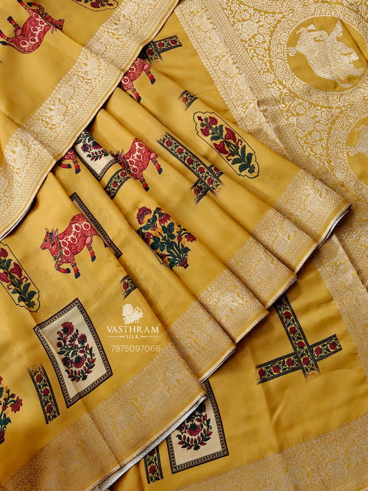 Yellow Colour Dola Silk Saree With Digital Print All Over Code : VB0482