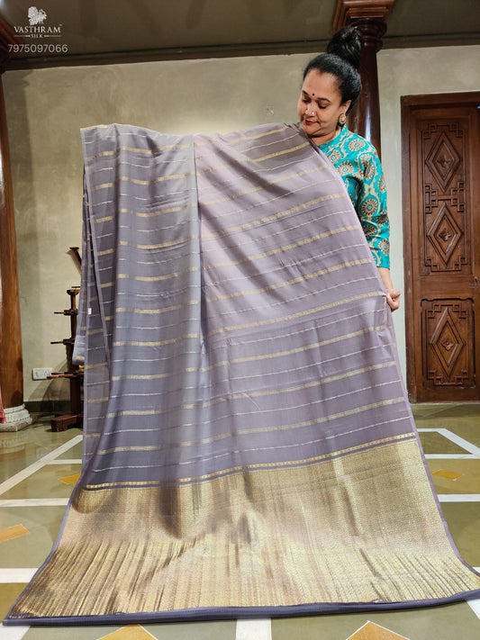 Grey Colour Kanchivaram Silk Saree With Zari Stripes All Over Code : MC011