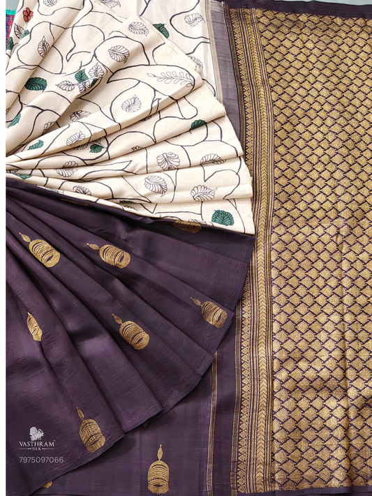 Cream & Snuff Colour Half/Half Kanchivaram Silk Saree With Penkalamkari All Over Code : KA0396