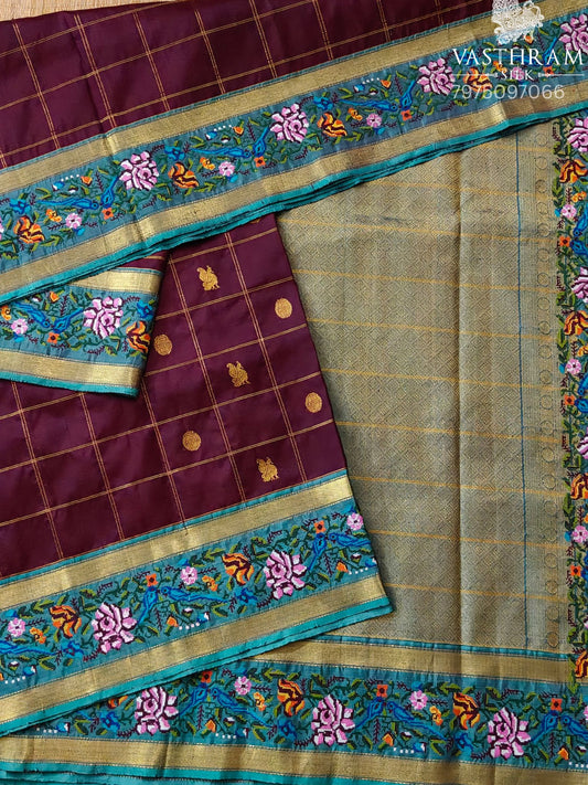 Brown Colour Kanchivaram Silk Saree With Zari Checks & Butta All Over Code :KA0349