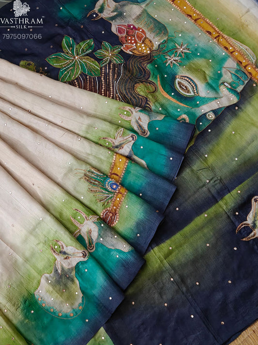 Cream Colour Tussar Silk Saree With Zero Zari Mirror Work All Over Code : KT029