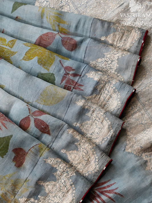 Blue Colour Murshidabad Silk Saree With Natural Eco Print All Over Code : KA0471