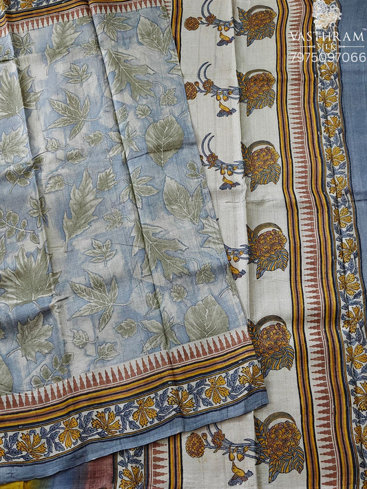 Grey Colour Tussar Silk Saree With Eco Print All Over Code : KT016