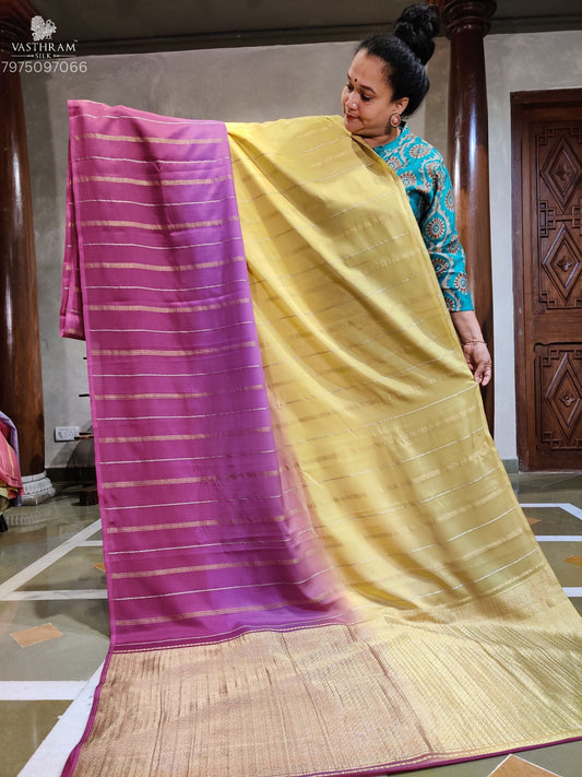 Yellow & Magenta Colour Mysore Crepe Silk Saree With Zari Stripes All Over Code : MC009