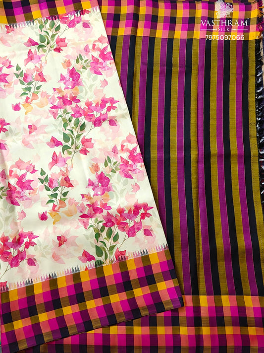 Off White Colour Kanchivaram Silk Saree With Bougainvillea Digital Print All Over Code : KA0411