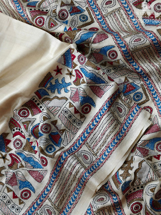 Cream Colour Tussar Silk Saree With Plain Body & Kantha Work Border Code : KT017