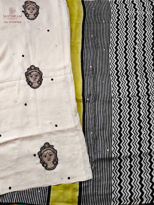 Cream Colour Murshidabad Silk Saree With Kalamkari Face Applique Pearl & Zero Mirror Work All Over : KT034