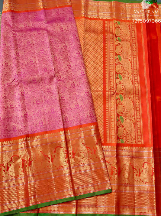 Pink Colour Gadwal Silk Saree With Vanasingaram Zari Motif All Over Code : GA015