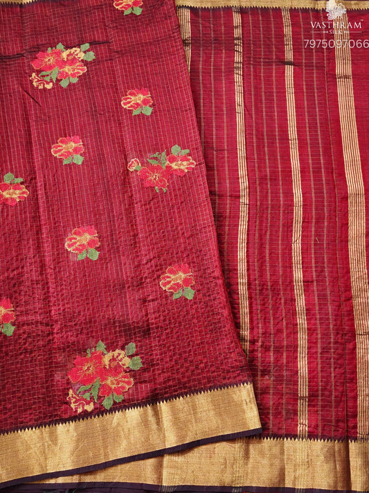 Maroon Colour Silk Cotton Saree With Zari & Cross Stitch All Over Code : SC043