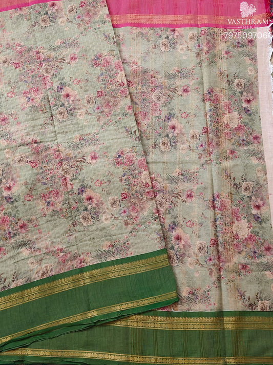 Light Pastel Green Colour Cotton Saree With Digital Print All Over Code : SC045