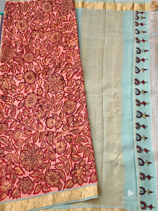 Baby Pink Colour Kanchivaram Silk Saree With Pen Kalamkari All Over : KA0400