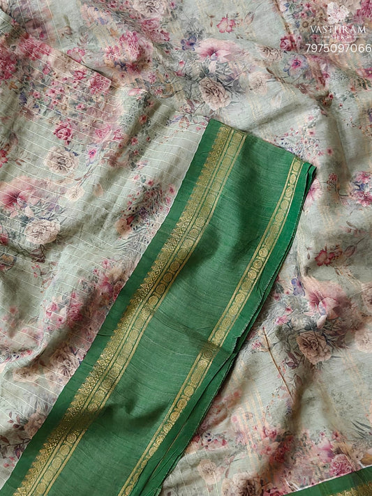 Light Pastel Green Colour Cotton Saree With Digital Print All Over Code : SC045