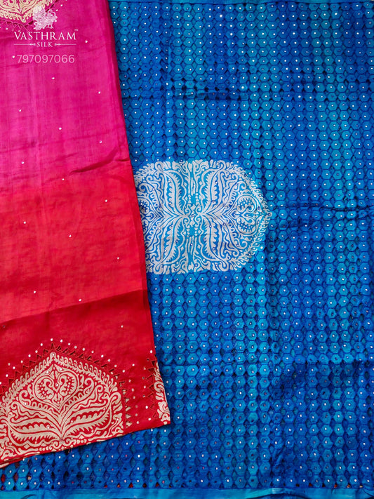 Pink & Red colour colour murshidabad silk saree with zero mirror work all over Code : KT035