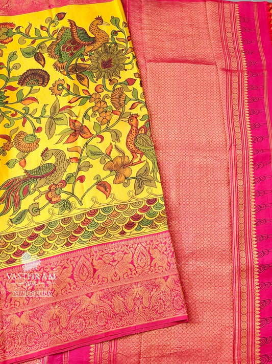 Yellow Colour Kanchivaram Silk Saree With Pen Kalamkari All over Code : KA0410