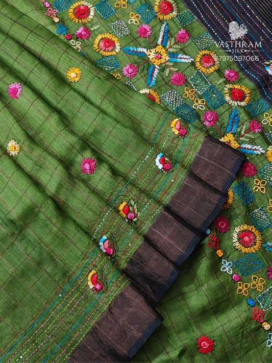 Mehandi Green Colour Tussar Silk Saree With Checks & Embroidery All Over Code : VB0489