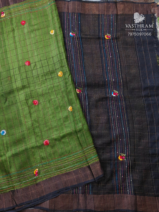 Mehandi Green Colour Tussar Silk Saree With Checks & Embroidery All Over Code : VB0489