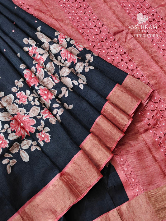 Black Colour Tussar Silk Saree With Zero Mirror Work & Digital Print All Over Code : VB0490
