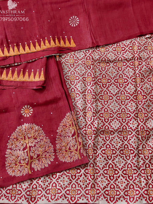 Brick Red Colour Tussar Silk Saree With Zero Mirror Work &Printed Floral Work All Over Code : KT036