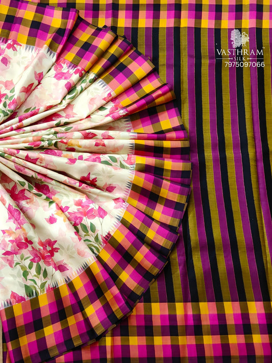 Off White Colour Kanchivaram Silk Saree With Bougainvillea Digital Print All Over Code : KA0411