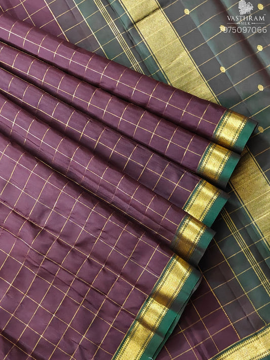 Coffee Brown Colour Kanchivarm Silk Saree With Zari Checks All Over Code : KA0437