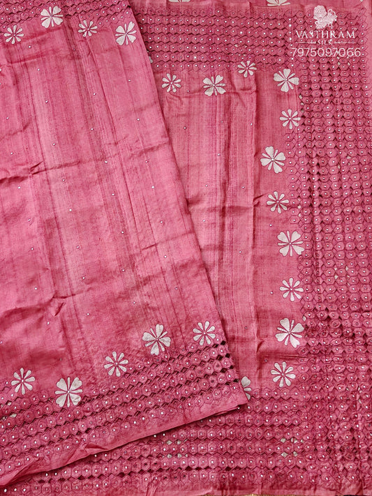 Onion pink colour tussar silk saree with zreo mirror work all over Code : KT038