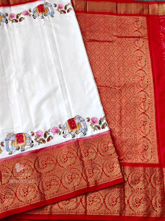 White Colour Double Ikkat Silk Saree With Plain Body & Thanjor Hand Painting Border Code : IK033