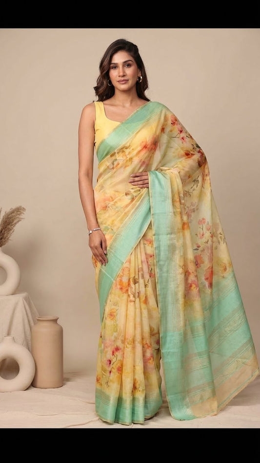 Lemon Yellow Colour Semi Mysore Crepe Silk Saree With Digital Floral Print All Over Code : VB0444