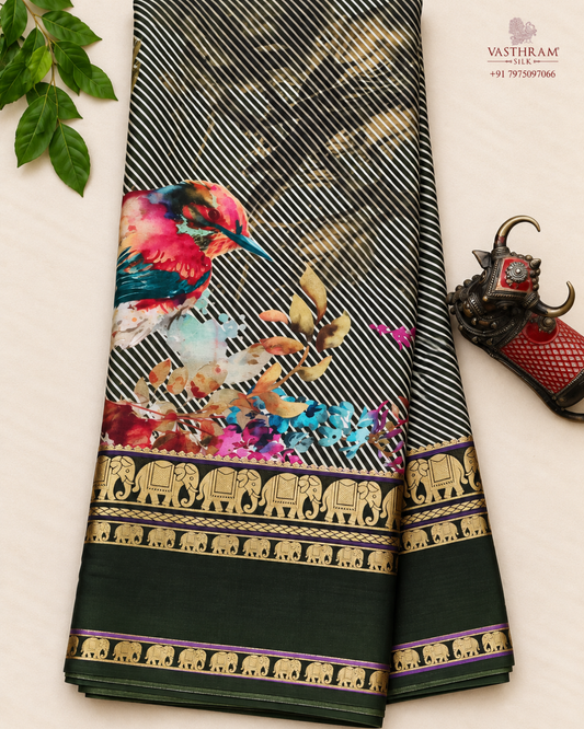 Green colour mysore crepe silk saree with digital print all over