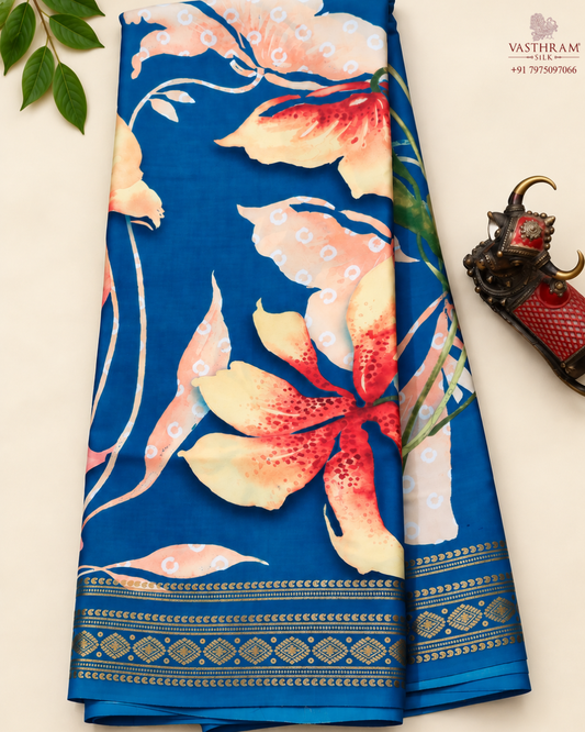 Blue Colour Mysore Crepe Silk Saree With Floral Digital Print All Over