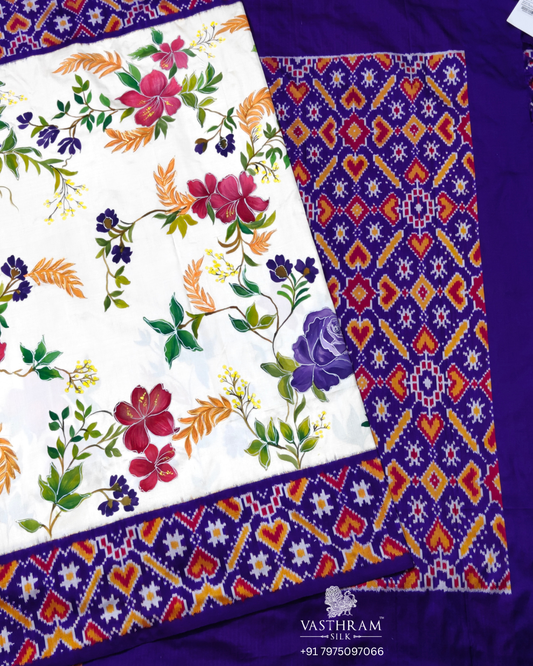 Purple Colour Ikkat Saree With Hand-Painted Florals All Over Code : IK042