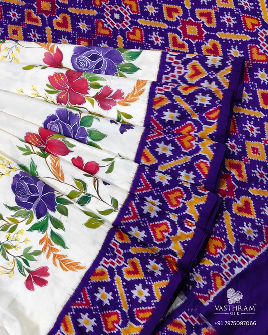 Purple Colour Ikkat Saree With Hand-Painted Florals All Over Code : IK042