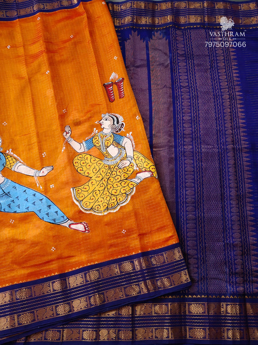 Orange Colour Silk Cotton Saree With Zari Checks & Pattachitra Hand Painting All Over Code : SC027