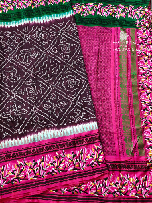 Coffee Brown Colour Kanchivaram Silk Saree With Bandhini Work All Over Code : KA0417