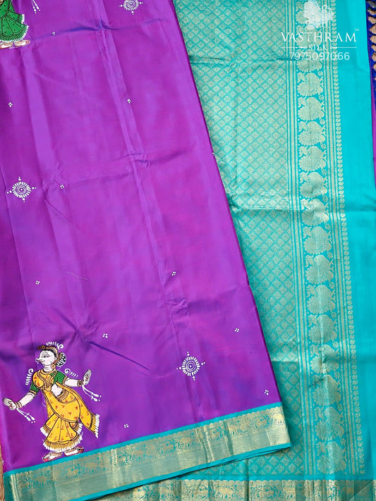 Dual Tone Purple Colour Kanchivaram Silk Saree With Pattachitra Hand Painting All Over Code : KA0412