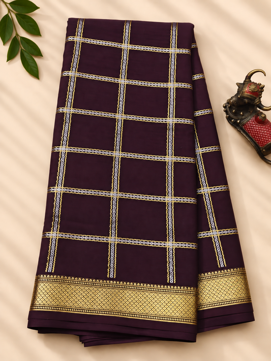 Brown colour mysore crepe silk saree with silver & gold zari checks all over