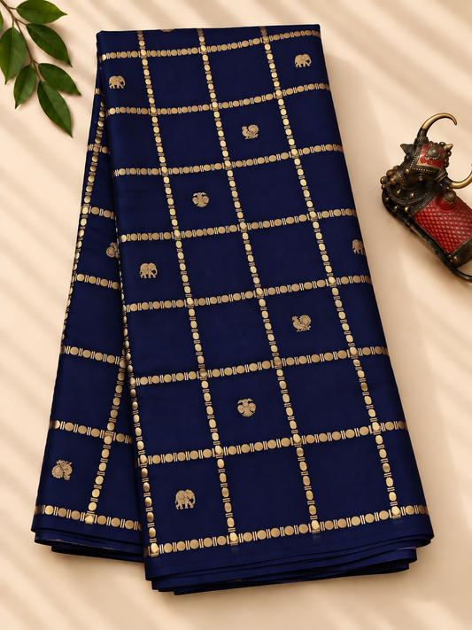 Navy blue colour Mysore crepe silk saree with zari checks & ganda berunda motif all over