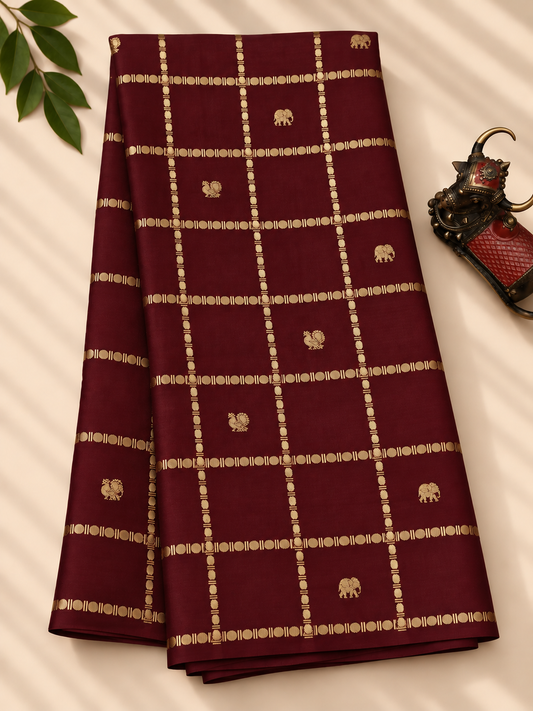 Maroon colour Mysore crepe silk saree with zari checks & ganda berunda motif all over