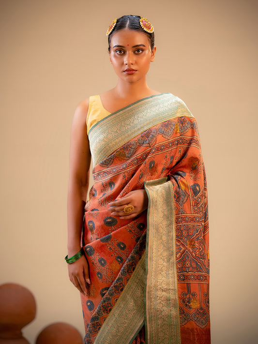 Brick Colour Kanchivaram & Banarasi Silk Fusion Saree