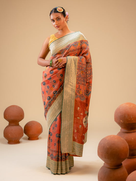 Brick Colour Kanchivaram & Banarasi Silk Fusion Saree