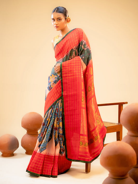 Light Peach Colour Gadwal Silk Saree With Hand Pen Kalamkari Work