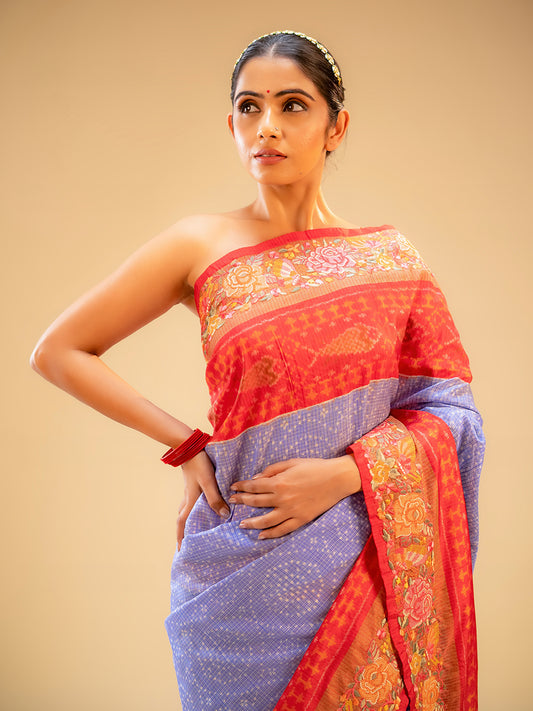 Blue Colour Kota Ikkat Silk Saree With Embroidery