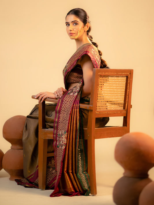 Grey Colour Kanchivaram Silk Saree With Cut Work